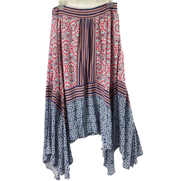 New Direction Midi Skirt Womens‎ Medium Red Blue Boho Hippie Assymetrical Flowy - Picture 1 of 10